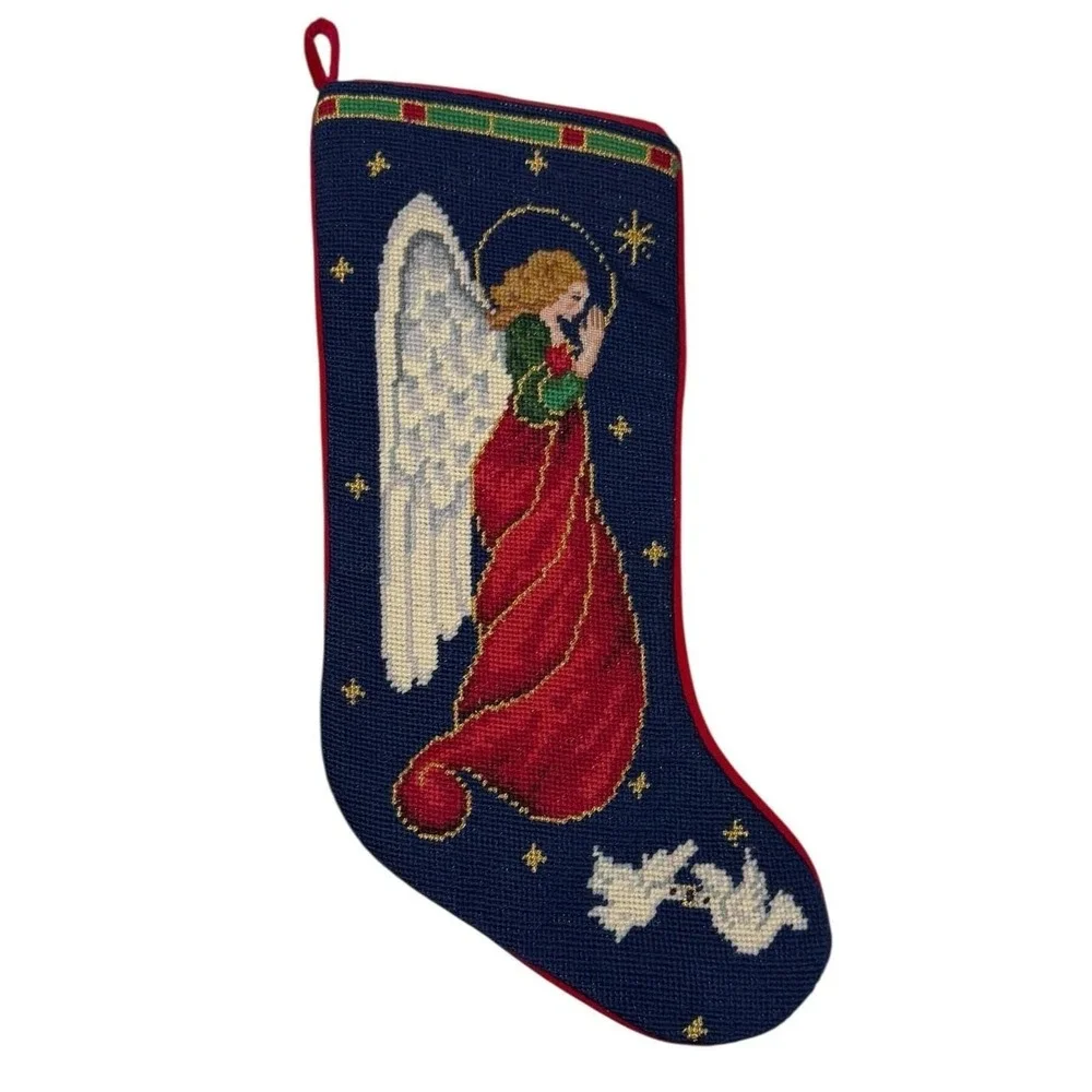 Vintage Wool Needlepoint Christmas Stocking Angel Holiday Petit Point Decor 20
